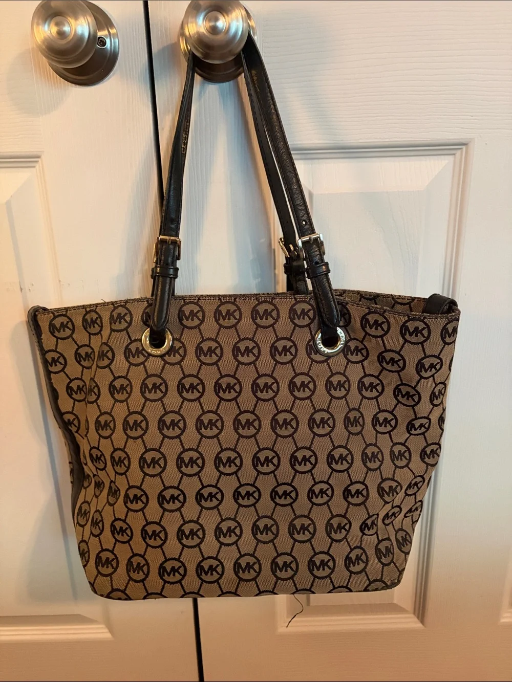 Michael Kors Brown Monogram Tote with Black Straps and Gold Charm